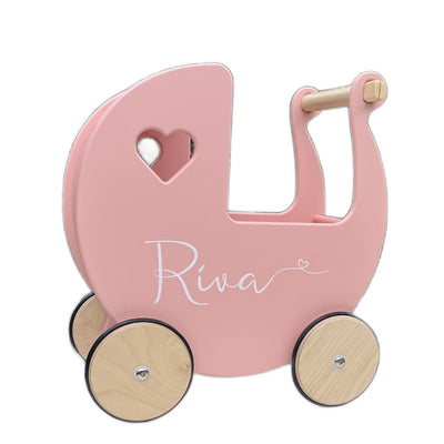 Personalised Wooden Dolls Pram - Coral Pink, Grey, Off White, Red or White - Chic Petit